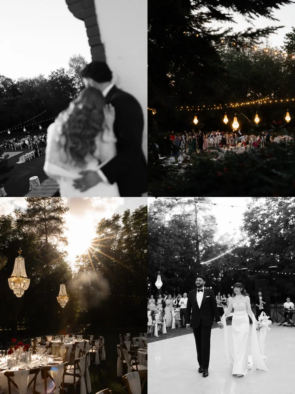 Four-photo panel of the evening: an embrace, chandeliers in the trees and the grand entrance