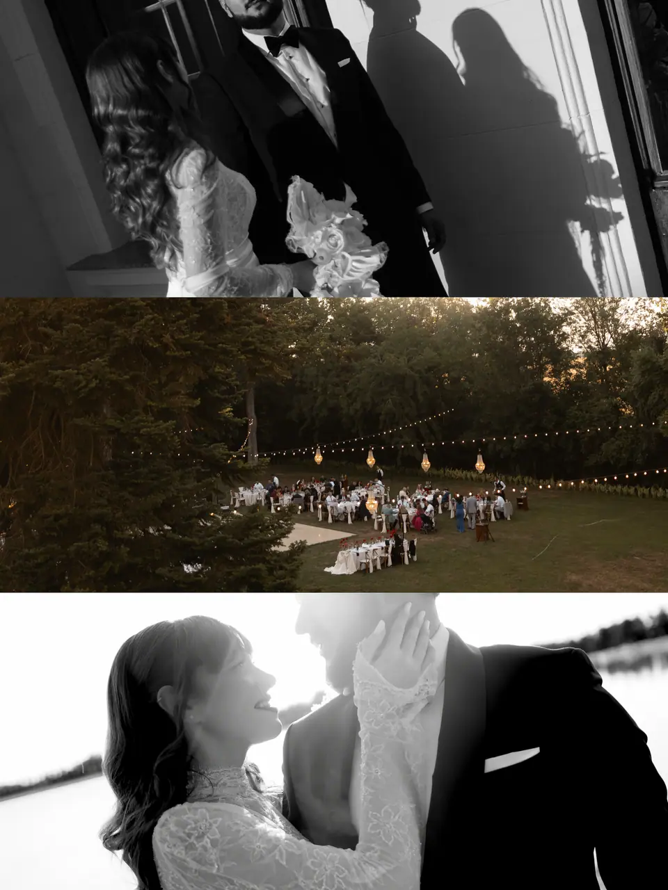 Three-strip black and white panel: shadows on a wall, the reception from above and a close embrace