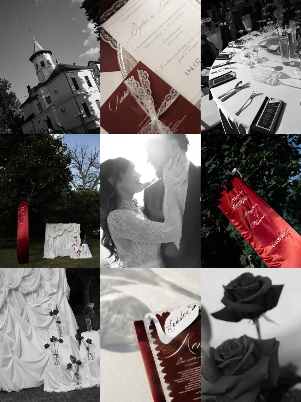 Nine-photo panel of details: the manor, the invitation, red roses, the menus and the banner