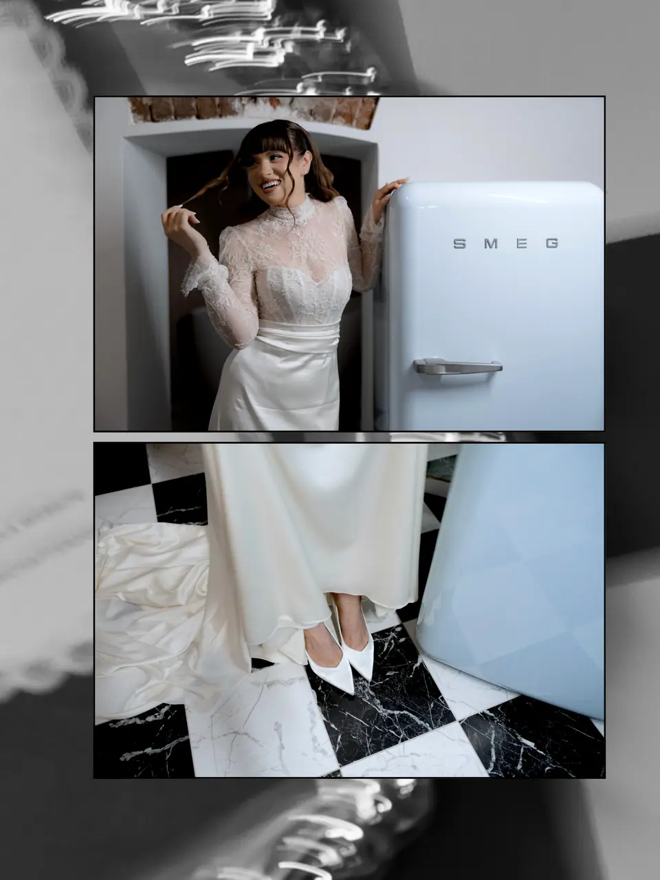 Two-photo panel framed in black and white: Bianca by the blue Smeg fridge, and her heels
