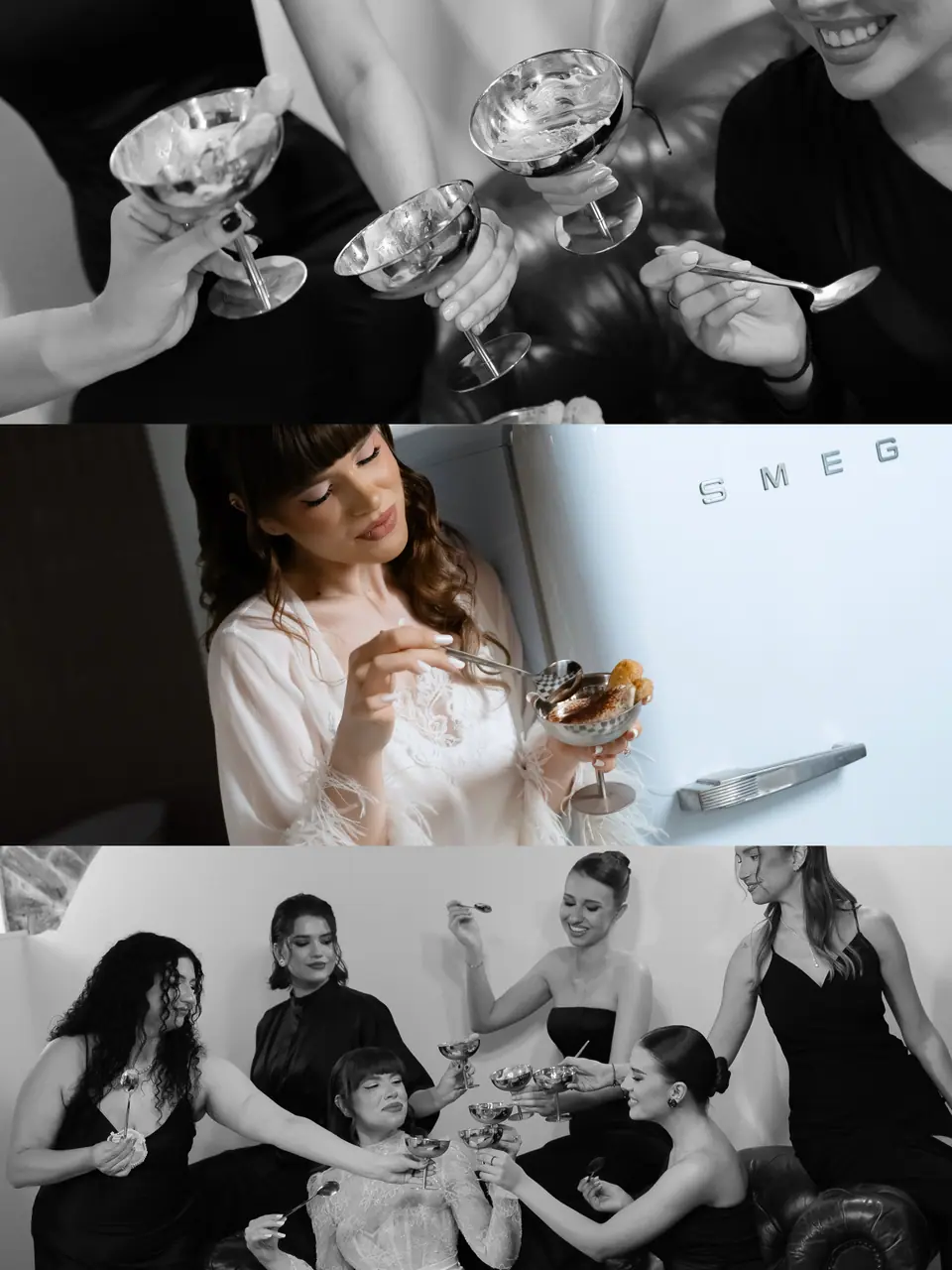 Three-strip panel: tiramisu coupes, Bianca by the Smeg fridge, and her bridesmaids