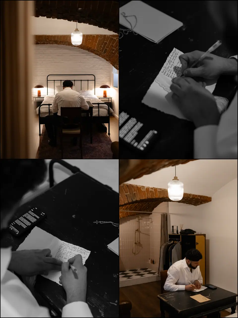 A second panel of Bogdan writing his letter beneath the brick vault