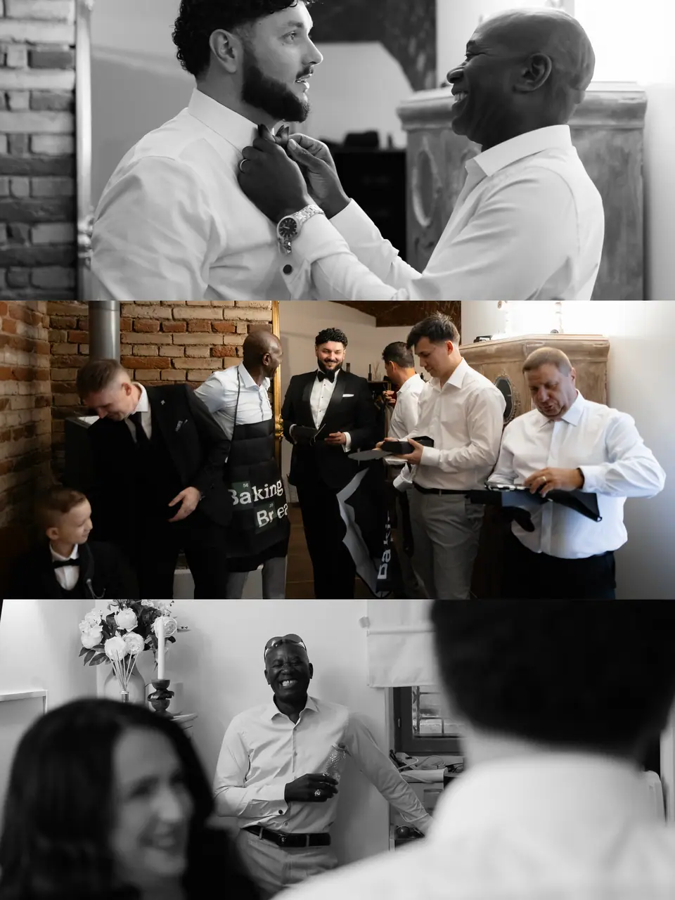Three-strip panel of Bogdan dressing, his tie adjusted by a man in an apron