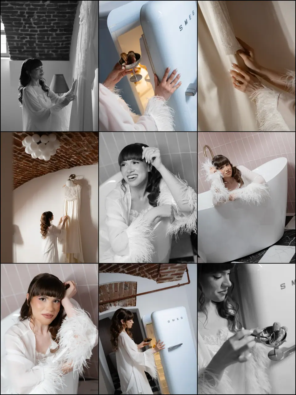 A second nine-photo panel of Bianca’s morning with the blue fridge and the bathtub