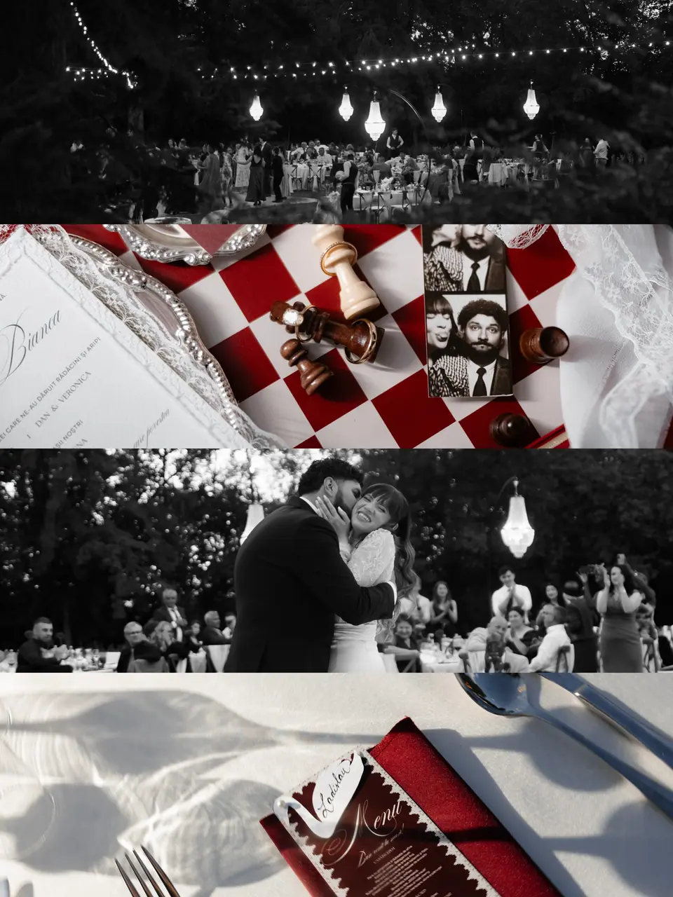 Four-strip panel: the reception, the chessboard, a kiss under chandeliers and a menu