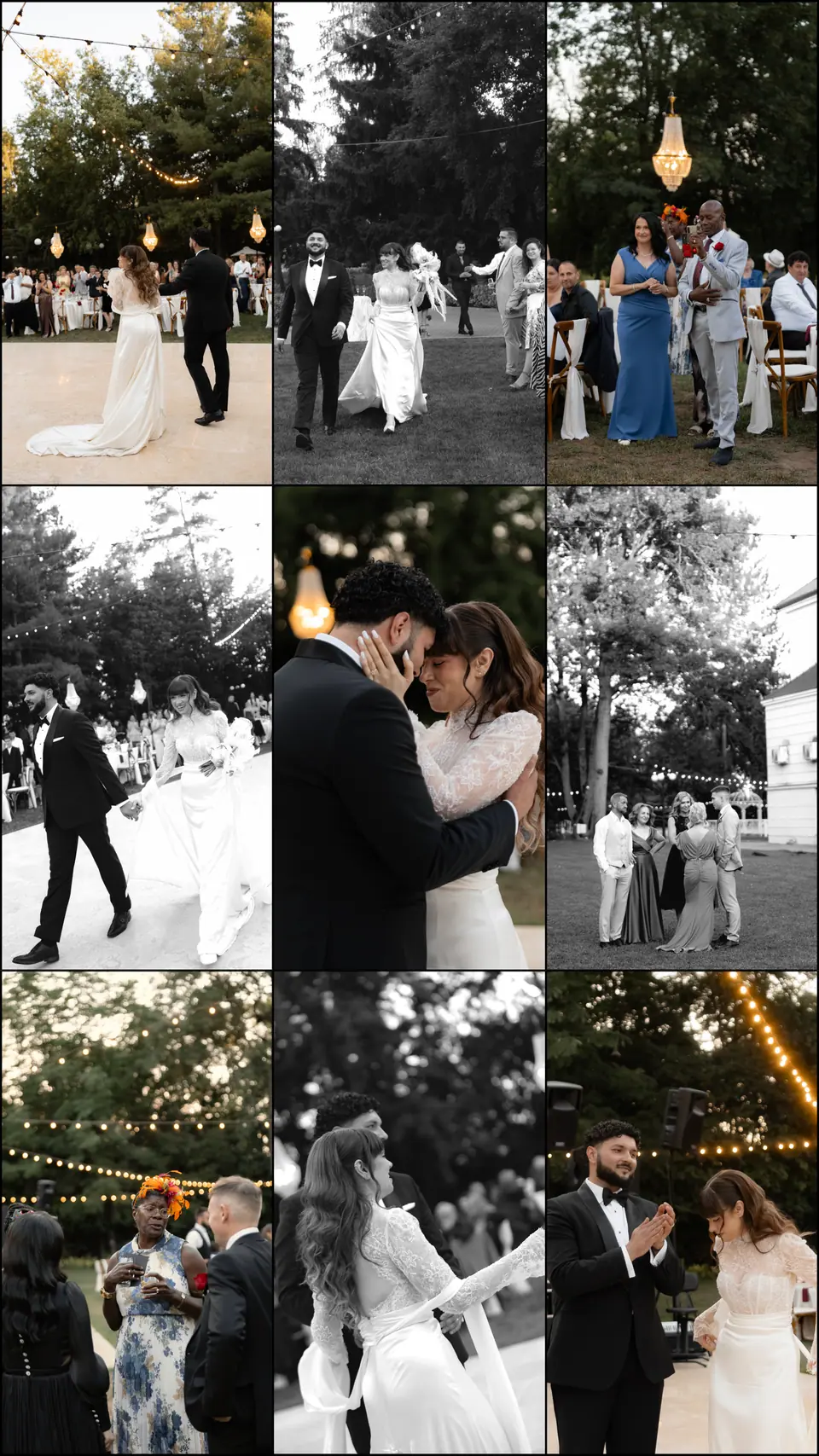 Nine-photo panel of the first dance and the party on the lawn