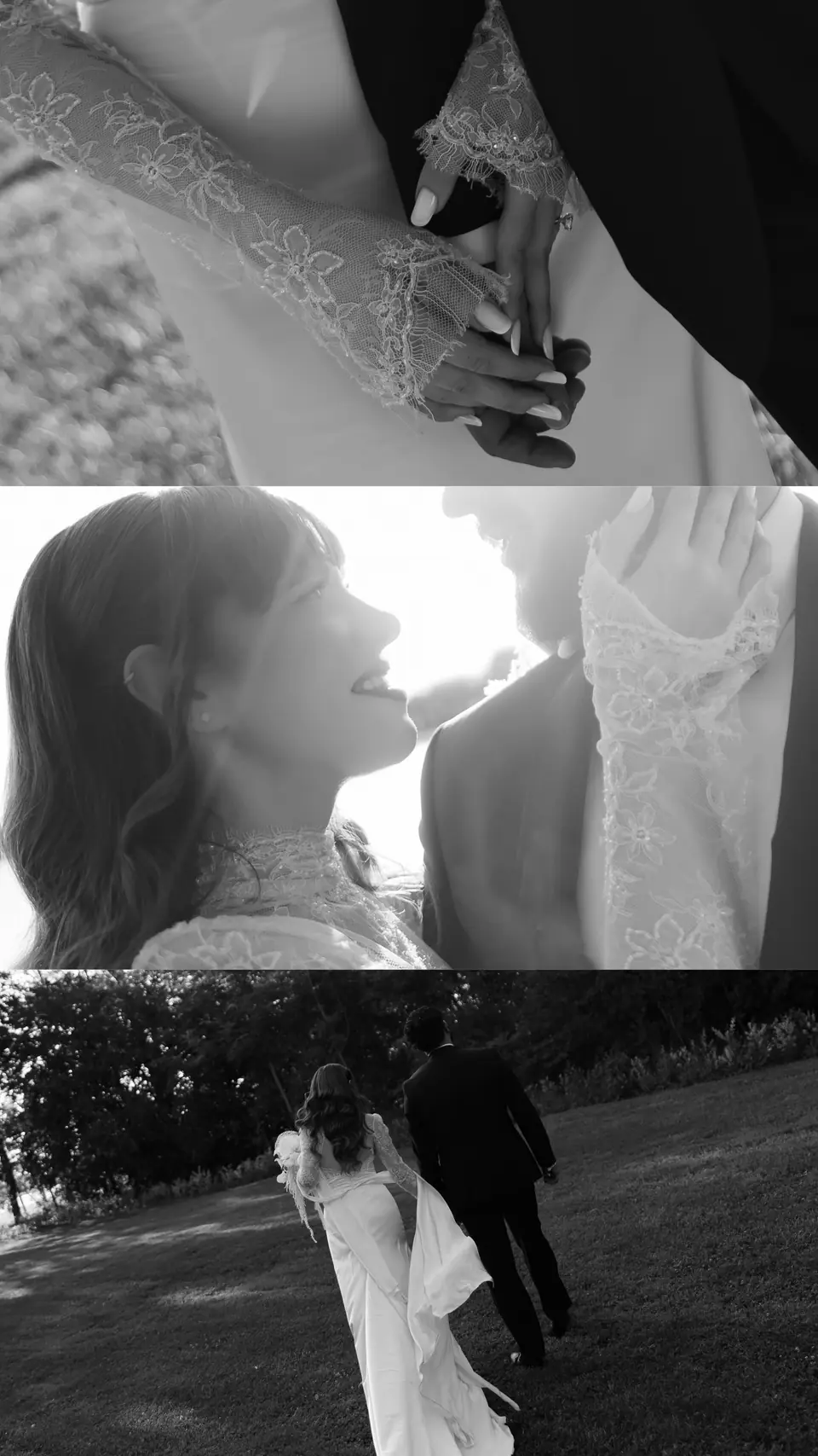 Three-strip black and white panel of the couple’s hands, a kiss and a walk on the lawn