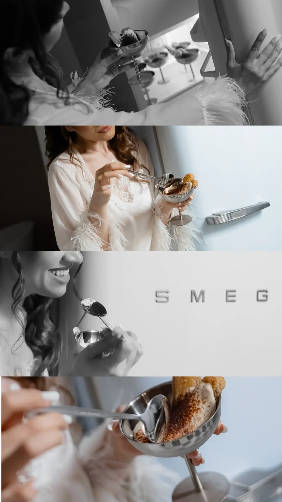 Four-strip panel of Bianca eating tiramisu by the blue Smeg fridge