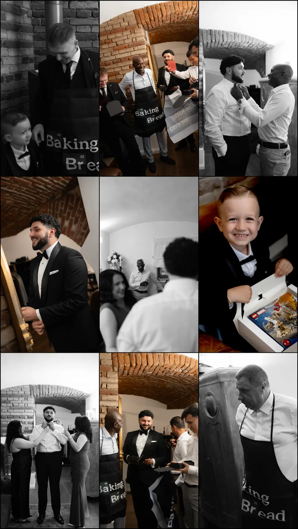Nine-photo panel of Bogdan and his friends getting ready, with a little boy