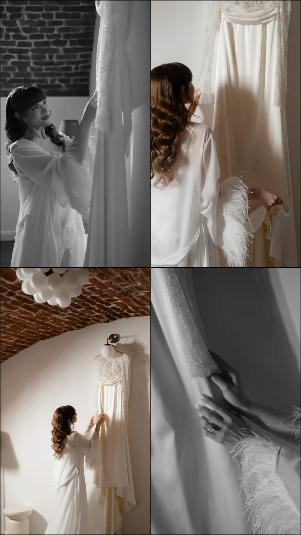 Four-photo panel of Bianca with her gown hanging in the brick-vaulted room