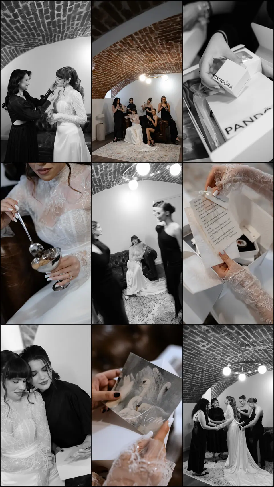 Nine-photo panel of Bianca dressing with her bridesmaids beneath the brick vault