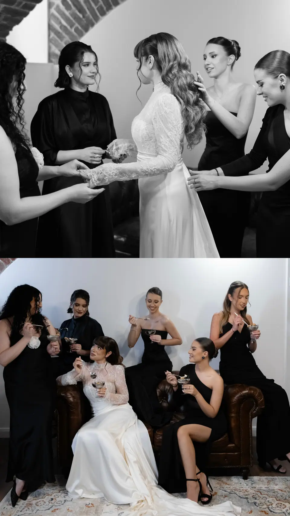 Two-photo panel of Bianca with her bridesmaids, holding hands and sharing tiramisu
