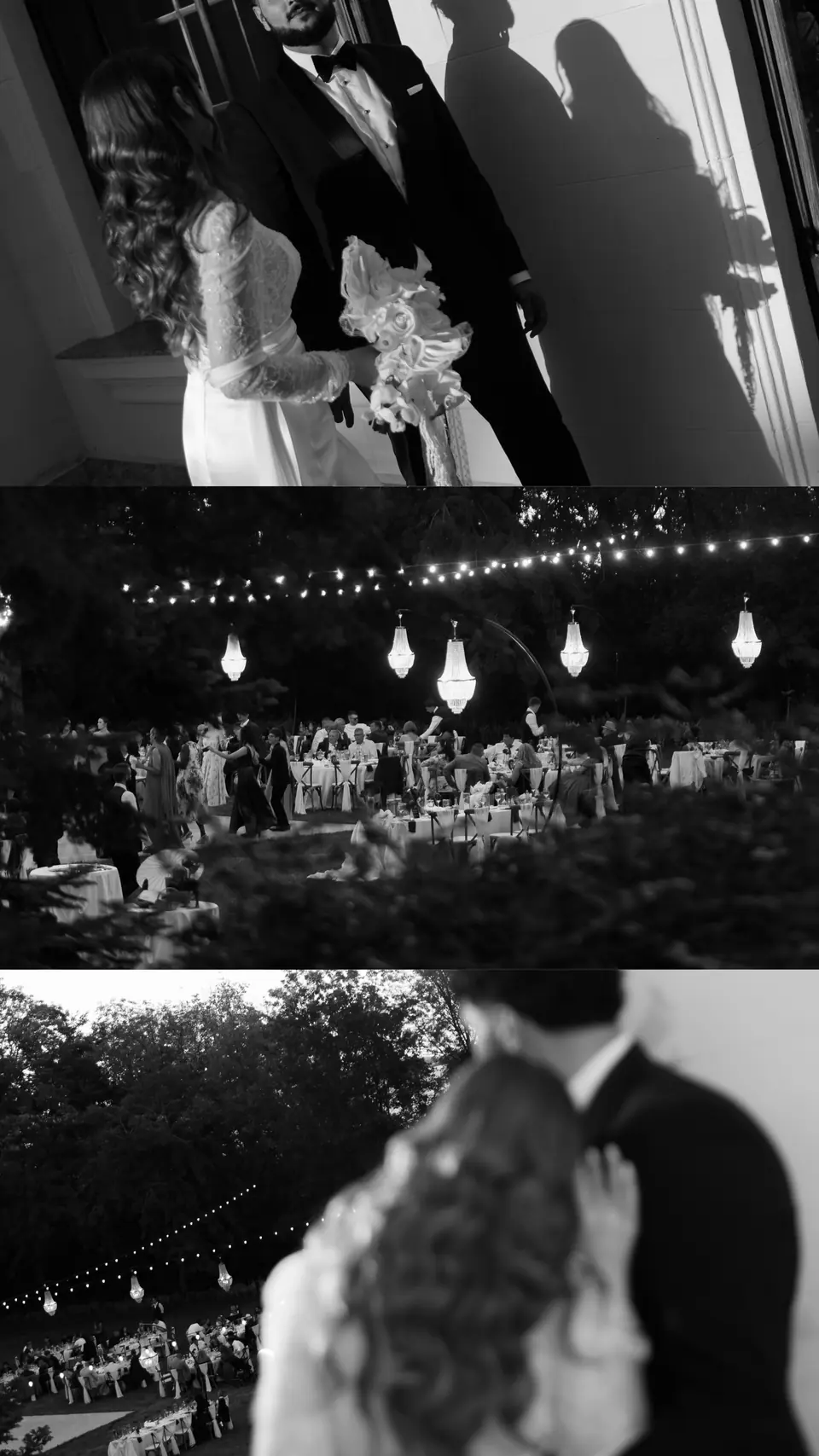 Three-strip black and white panel: an embrace, the reception below and a hug