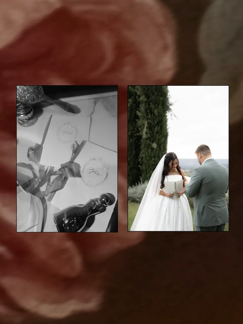 Panel on a red floral ground: the ribboned vow books, and Haley and Zach before a cypress