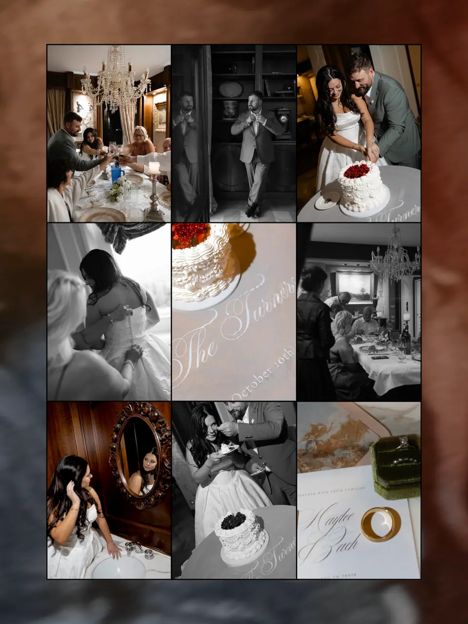 Nine-photo panel of the evening: dinner, the cake cutting, toasts and Haley at the mirror