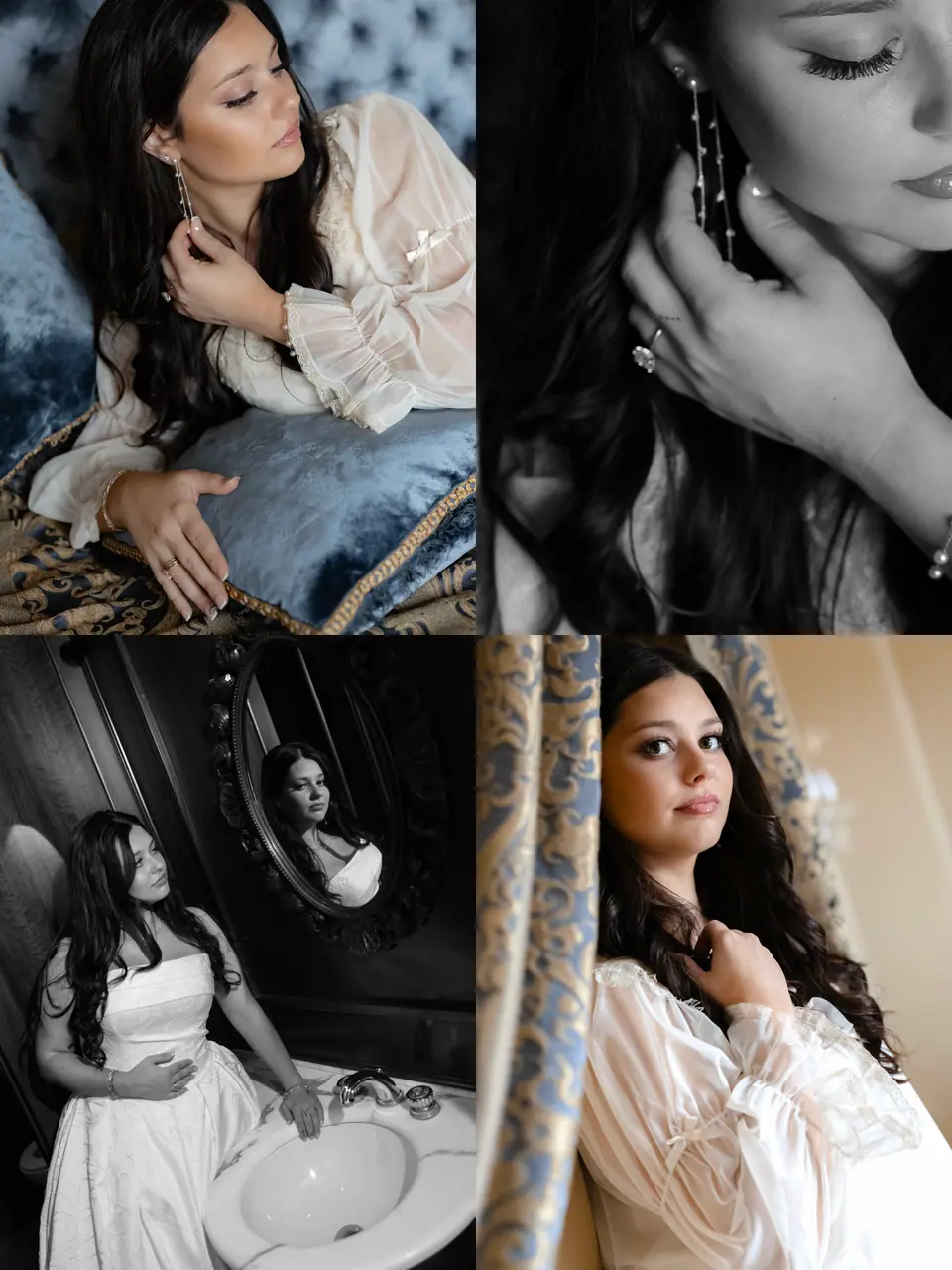 Four-photo panel of Haley getting ready: the velvet chaise, an earring and a portrait at the mirror