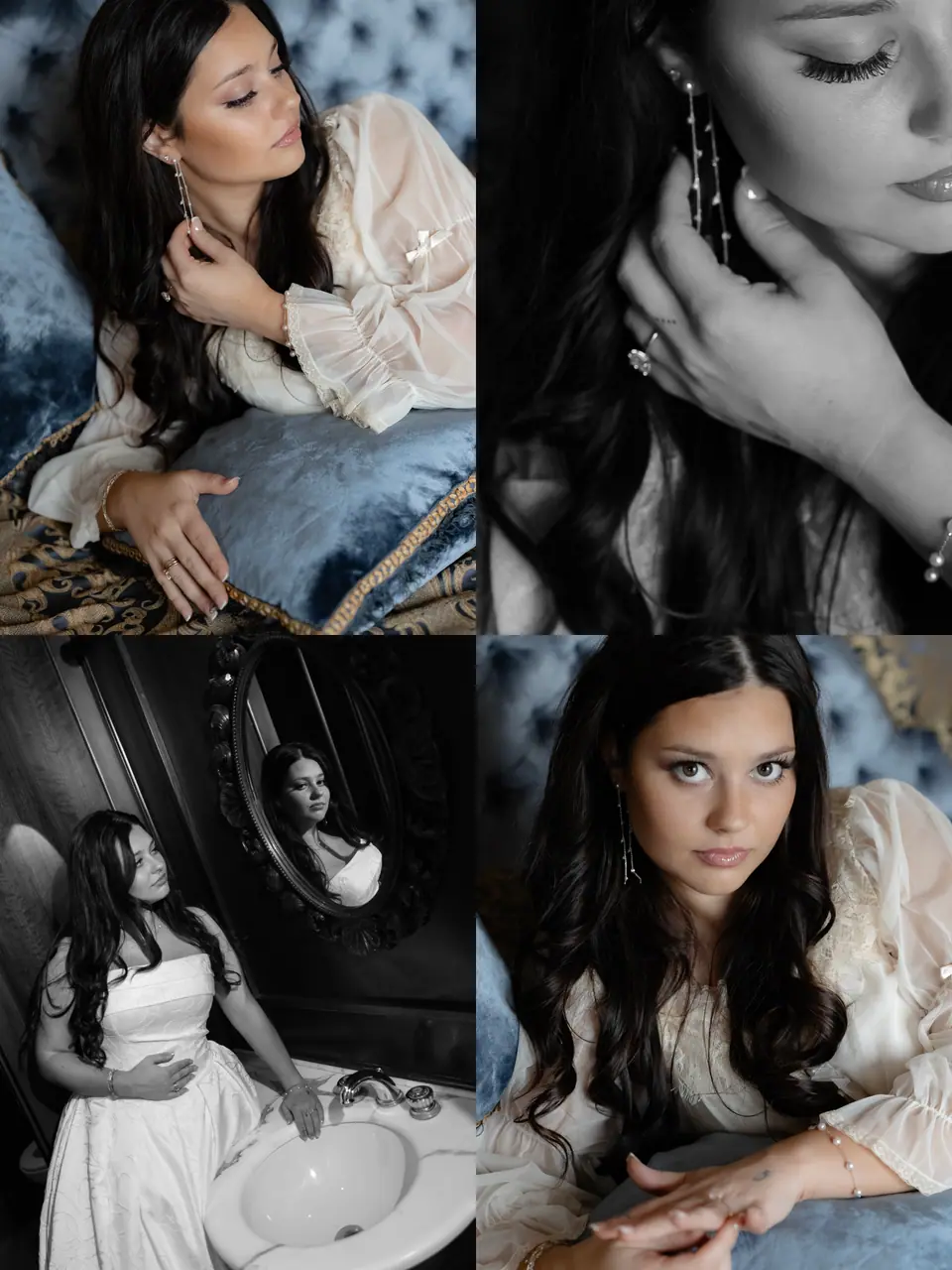 A second getting-ready panel: Haley on the velvet chaise, her earring, the mirror and a close portrait