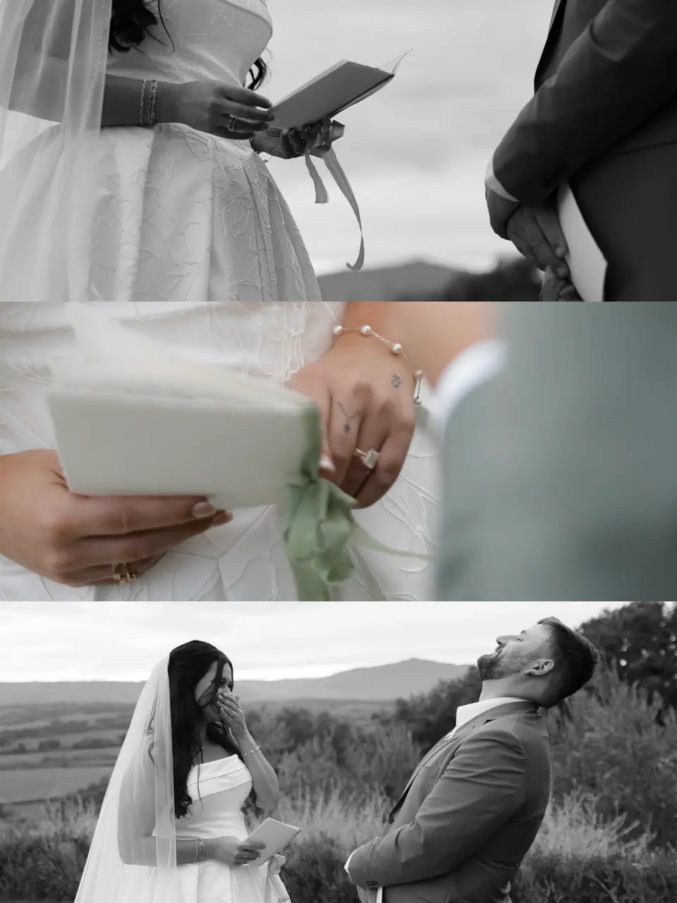 A second vows panel: the vow book, Haley’s ring hand on the ribbon, and the couple laughing in the hills