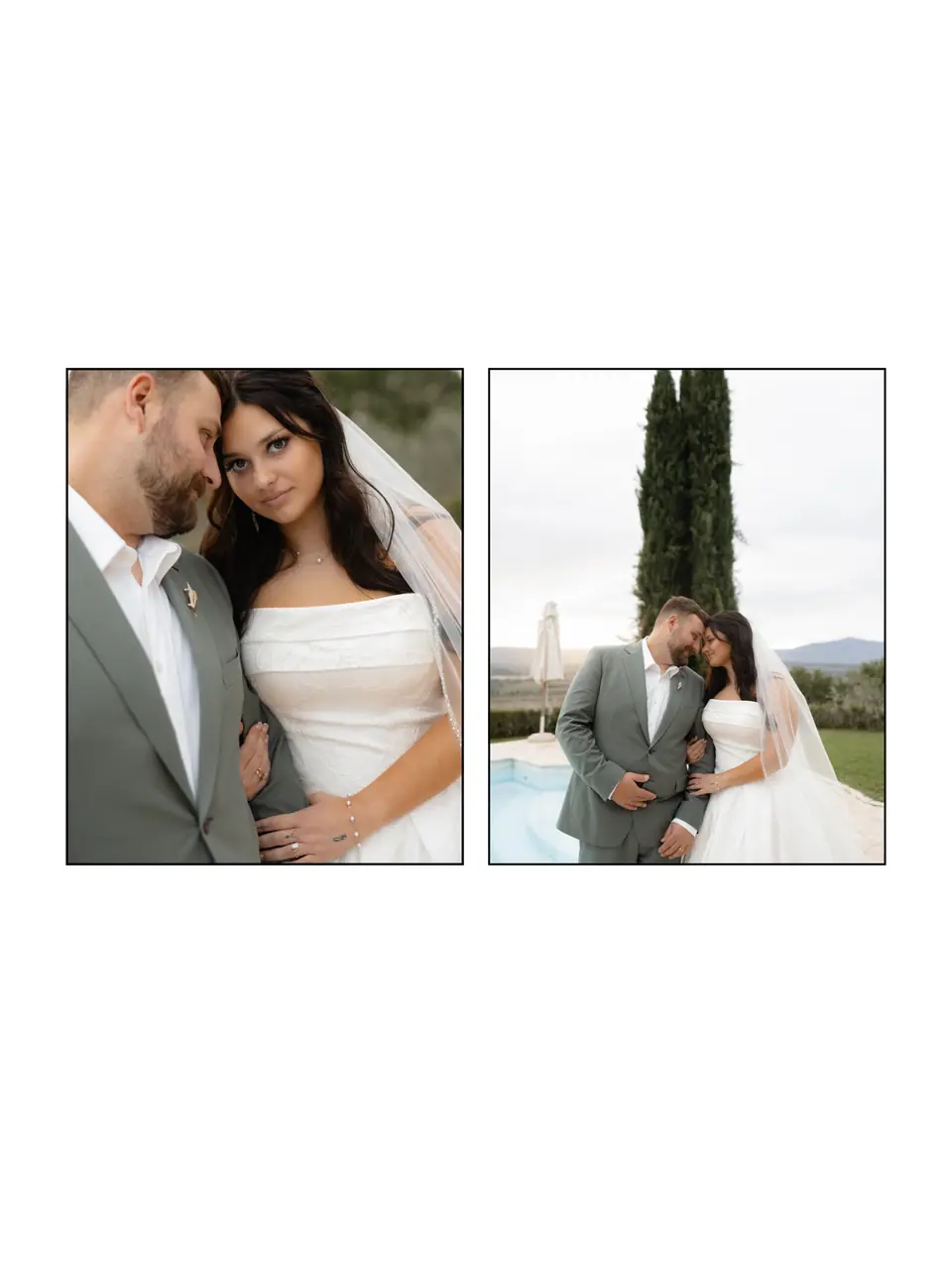 Two portraits of Haley and Zach side by side: cheek to cheek, and embracing by the pool