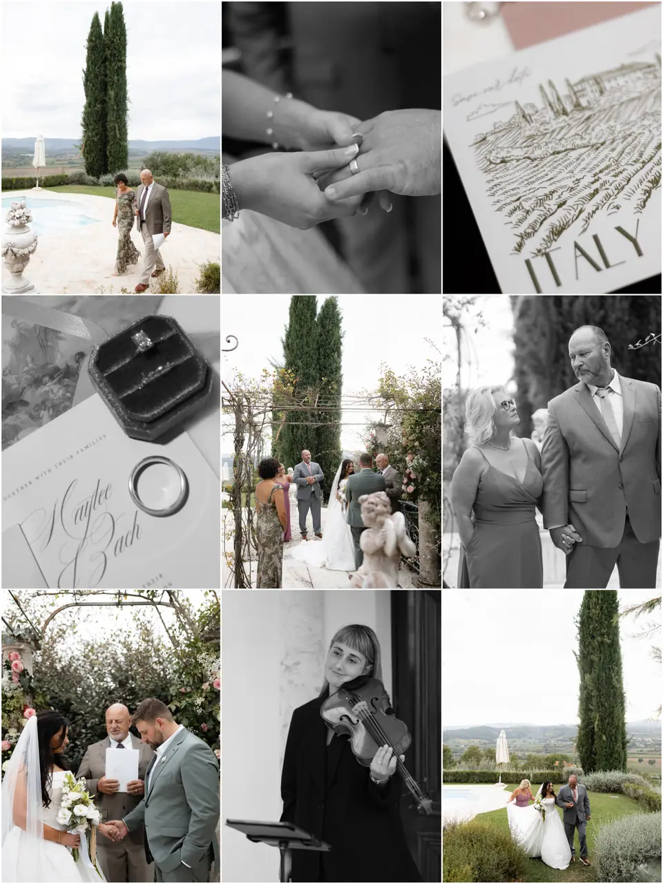 A second nine-photo ceremony panel: the hand-drawn invitation, rings, violinist and vows