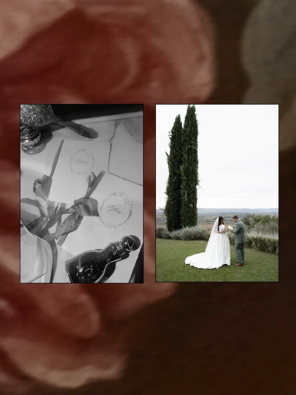 Panel on a red floral ground pairing the ribboned vow books with Haley and Zach on the lawn