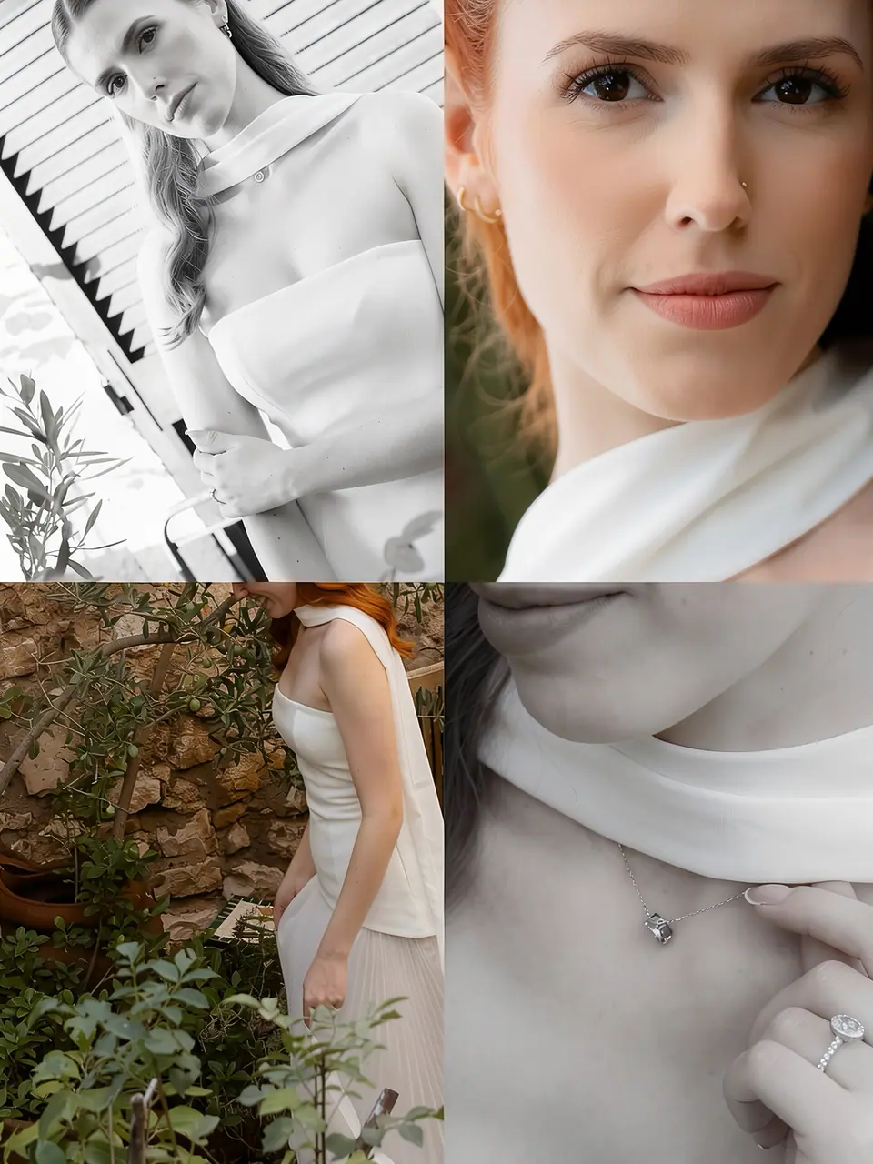 Collage of Kate in black and white, a close portrait, a garden detail and her engagement ring