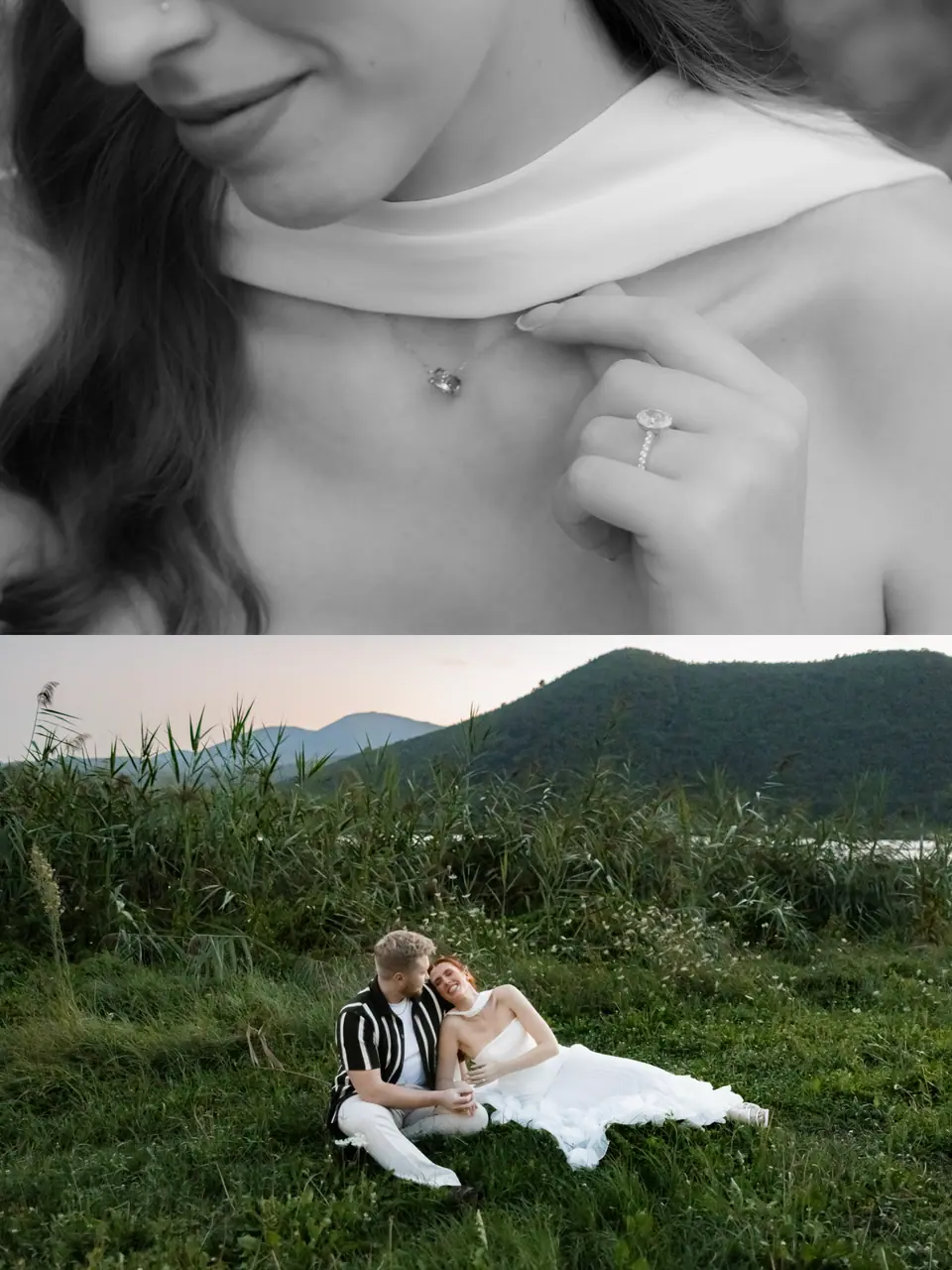 Kate’s scarf, pendant and ring in close-up above the couple resting in the grass by the lake