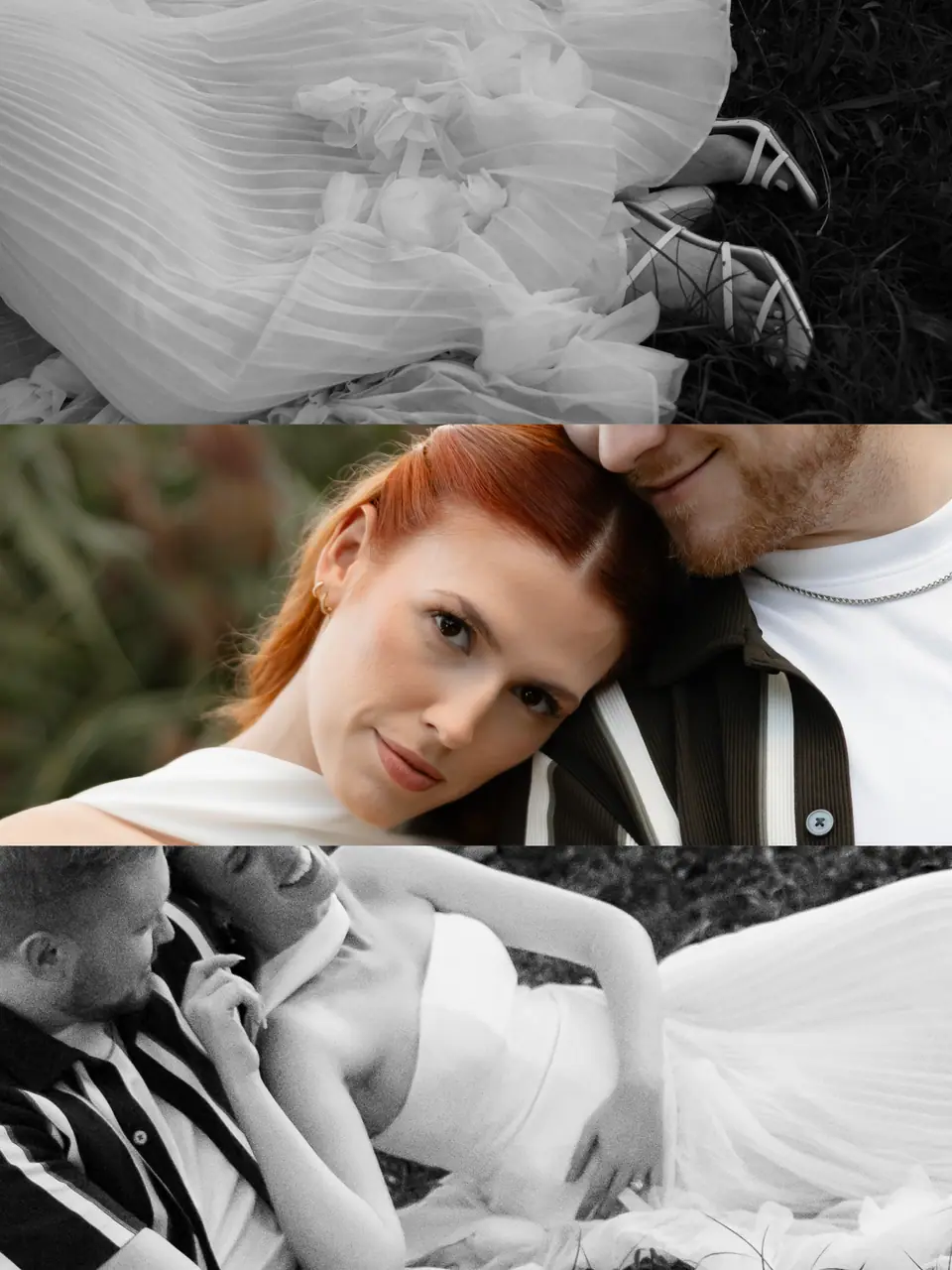 Collage of Kate’s dress detail, a close portrait against James’s shoulder and the couple in black and white