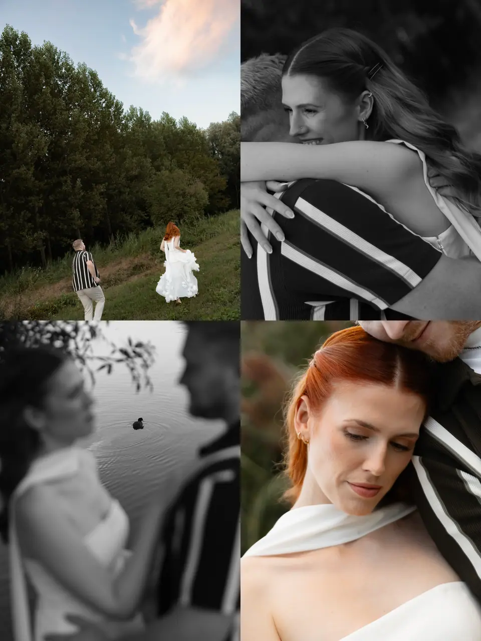 Collage of the couple in a clearing, an embrace, and Kate and James at the lake in black and white
