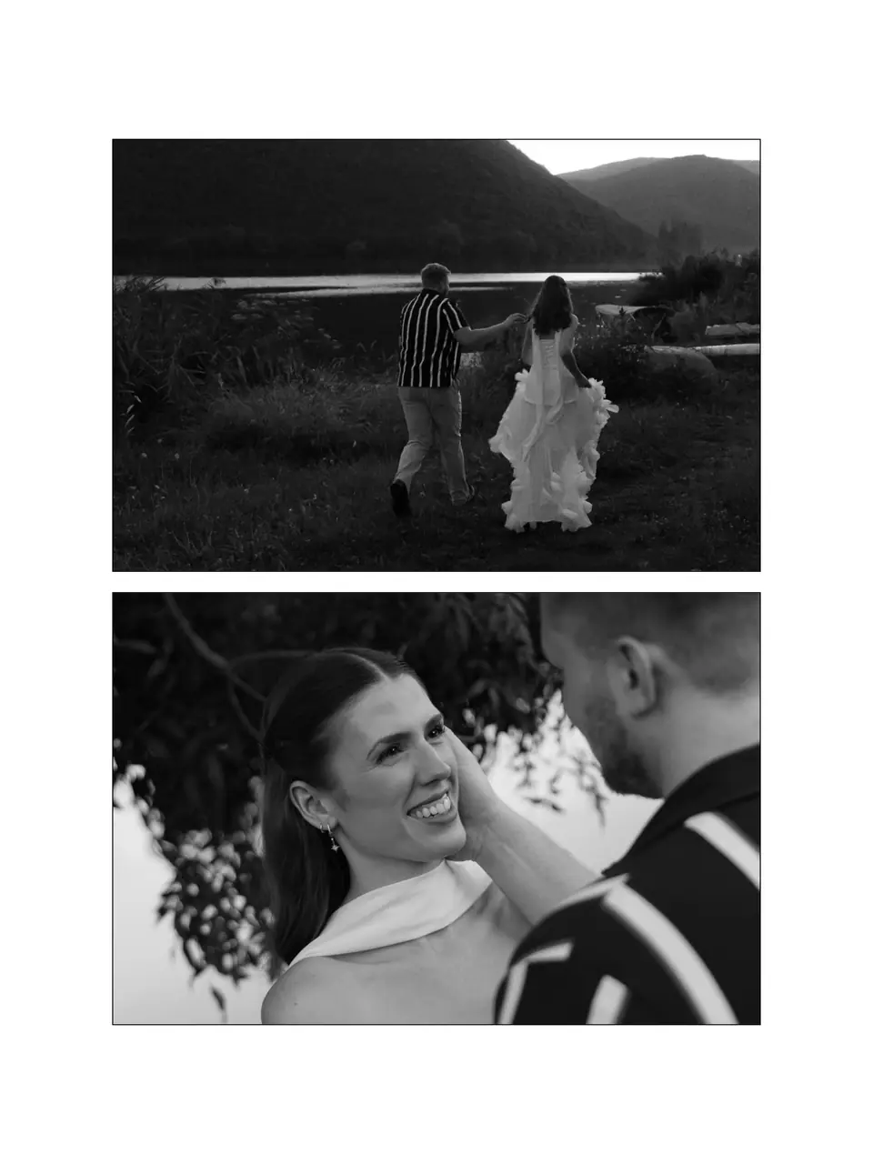 Black and white pair of photographs: James and Kate walking to the lake, then Kate smiling up at James