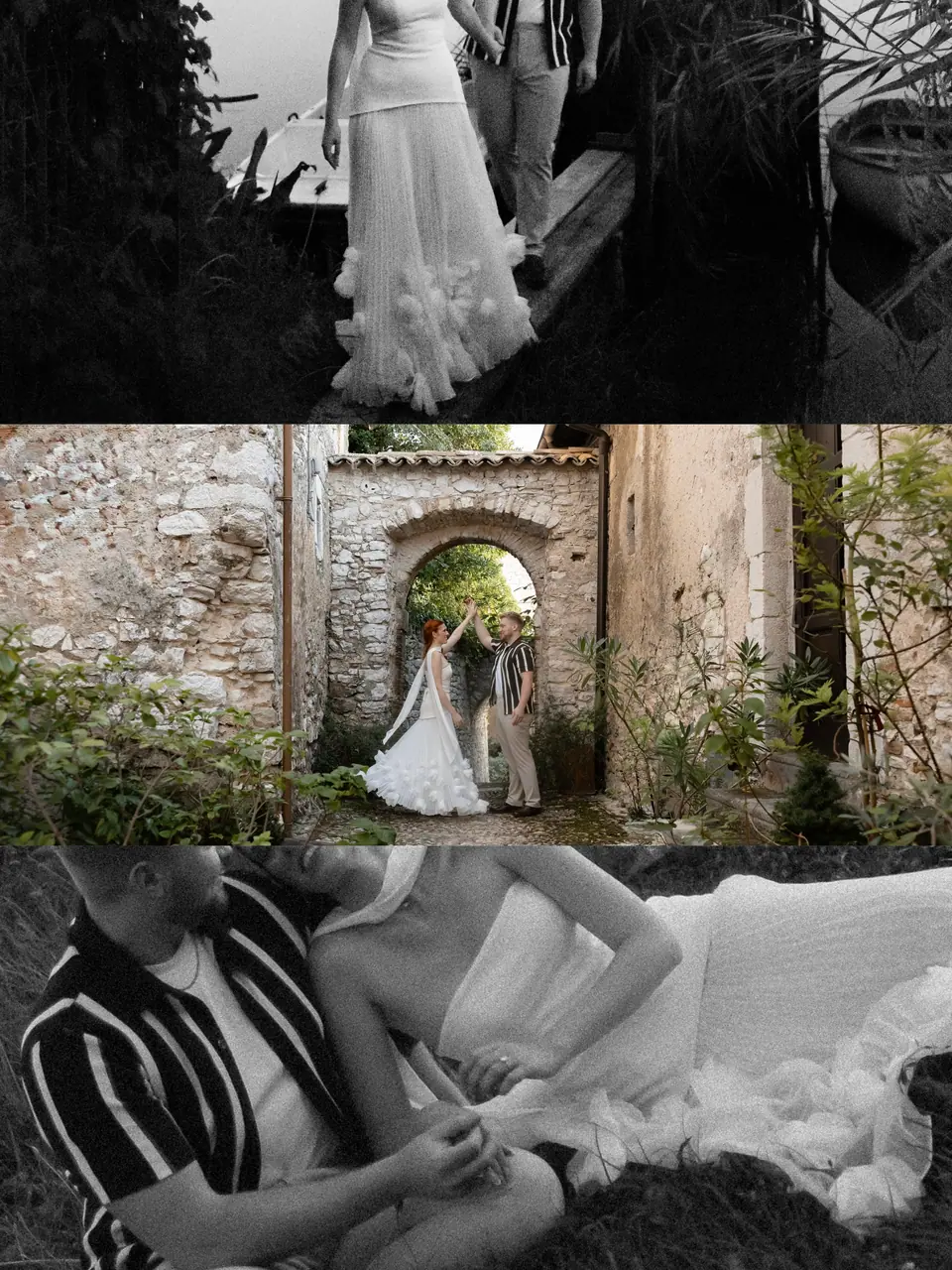 Collage of Kate’s dress, the stone archway and the couple in black and white