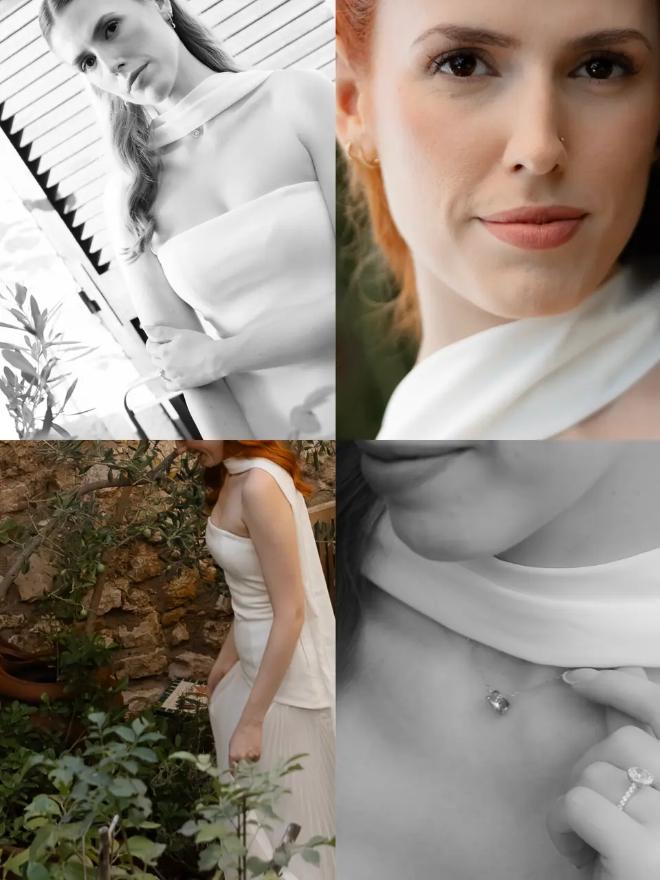 Second collage of Kate in black and white, a close portrait, a garden detail and her engagement ring