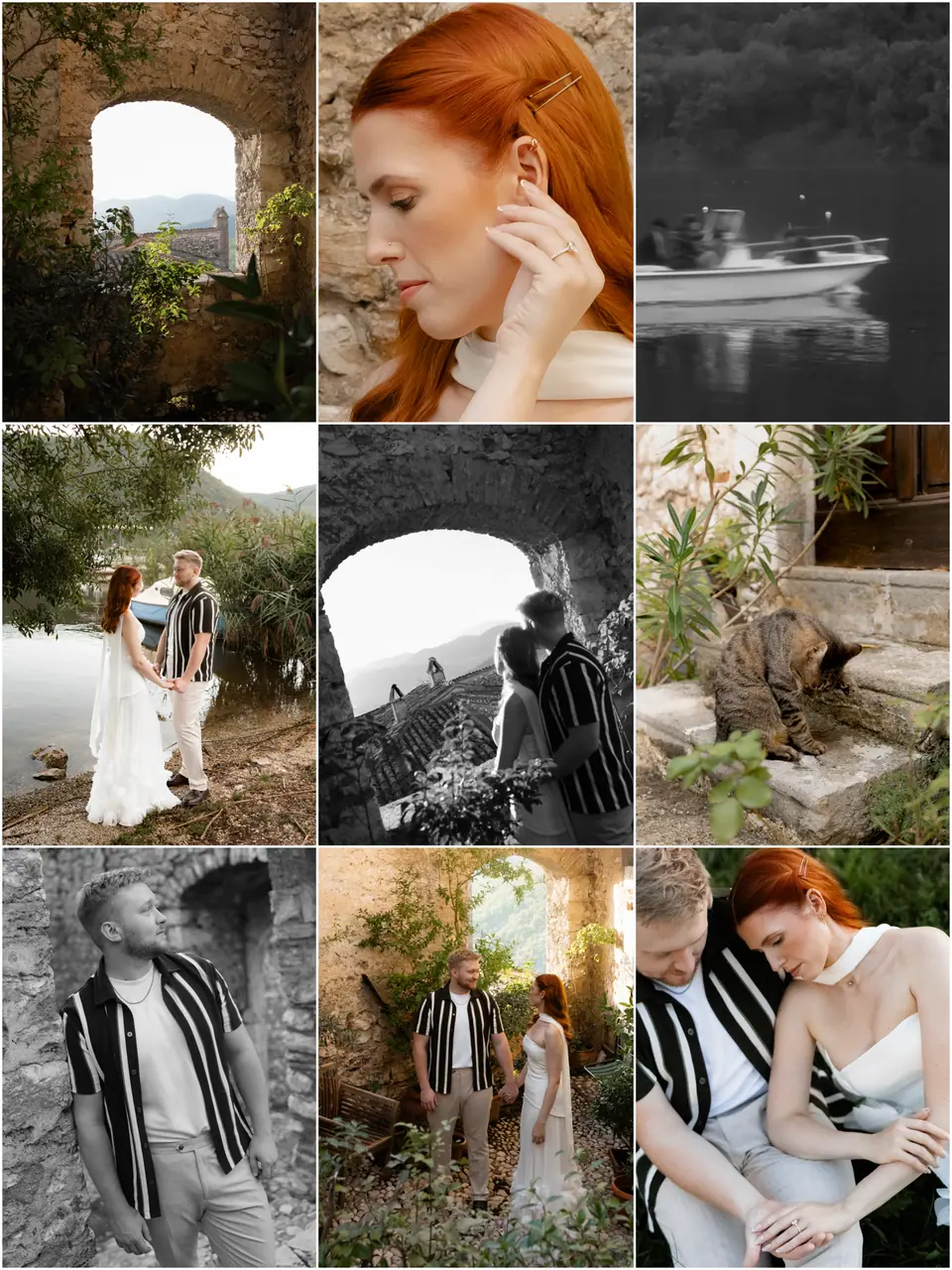 Collage of the engagement session: the arch, Kate’s earring, the lake, the cat and the couple together