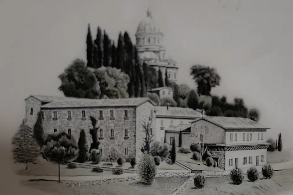 A drawing of the monastery among cypress trees, a domed church on the hill behind