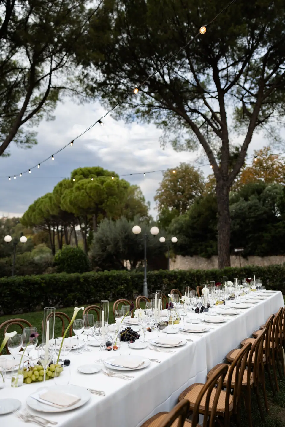 The dinner table set with grapes and candles, string lights overhead