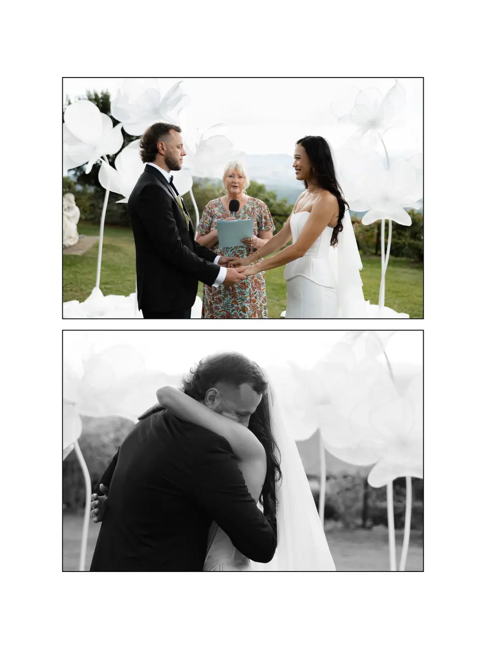 Two-photo panel: the ring exchange with the celebrant, and Rory hugging Sivitha