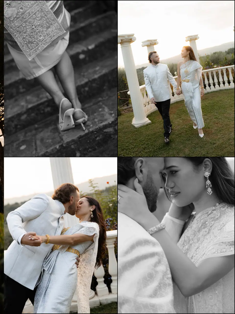 Four-photo panel of the evening outfits: her heels, the columns, a dip and a close embrace