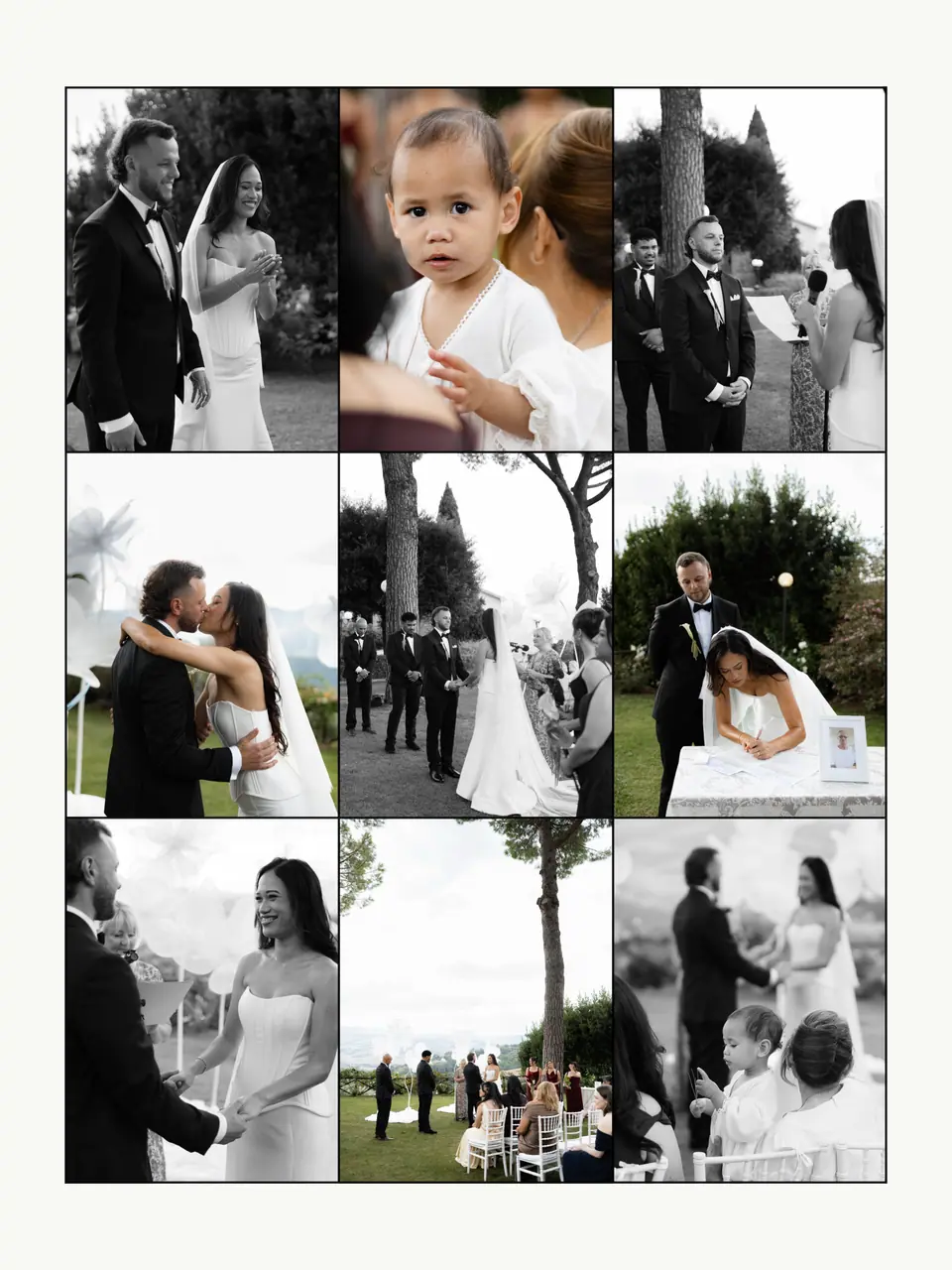 Nine-photo panel of the ceremony, from the vows and a toddler in white to signing the register
