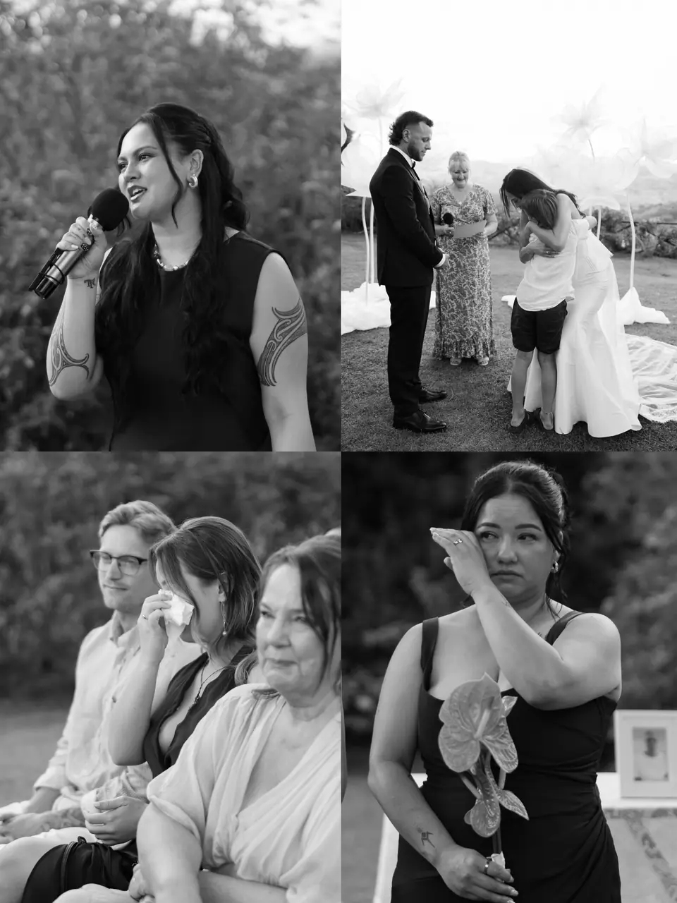 Black and white four-photo panel of tears during the ceremony, from the bridesmaids to the front row