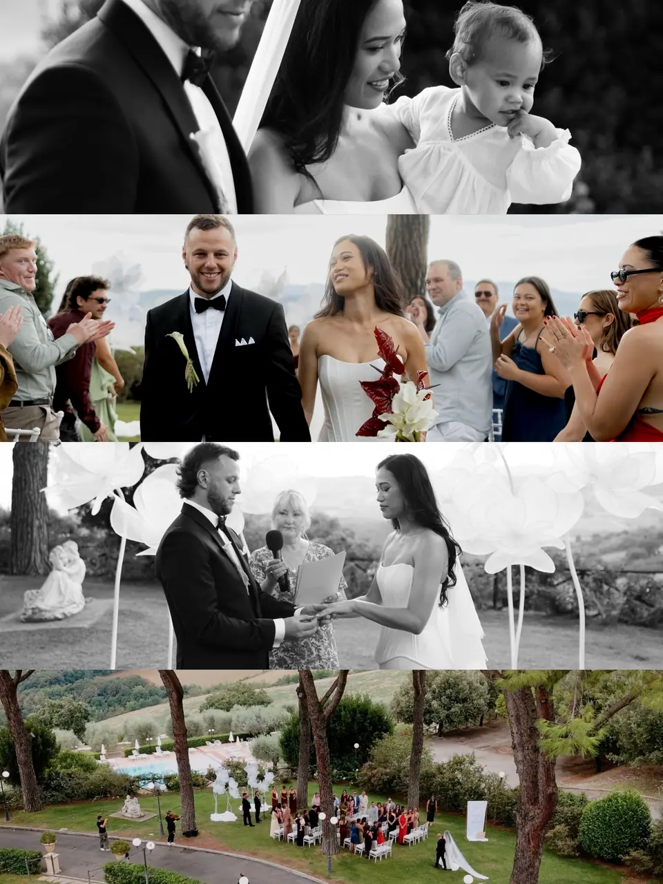 Four-strip panel: Sivitha with a toddler, cheering guests, the vows and the garden from above