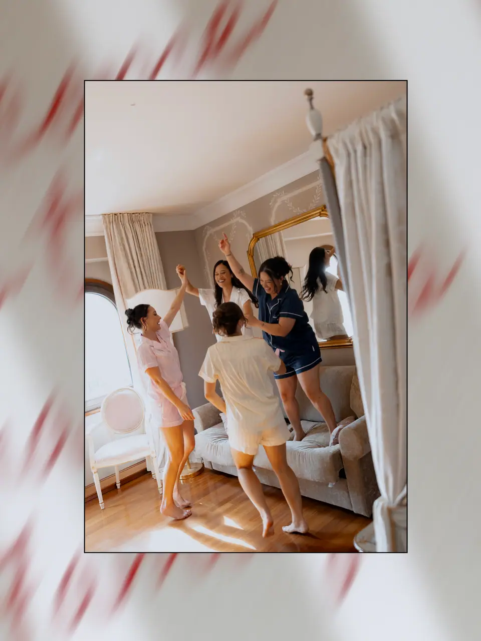 Sivitha and her bridesmaids dancing in pyjamas, framed by a red-streaked border
