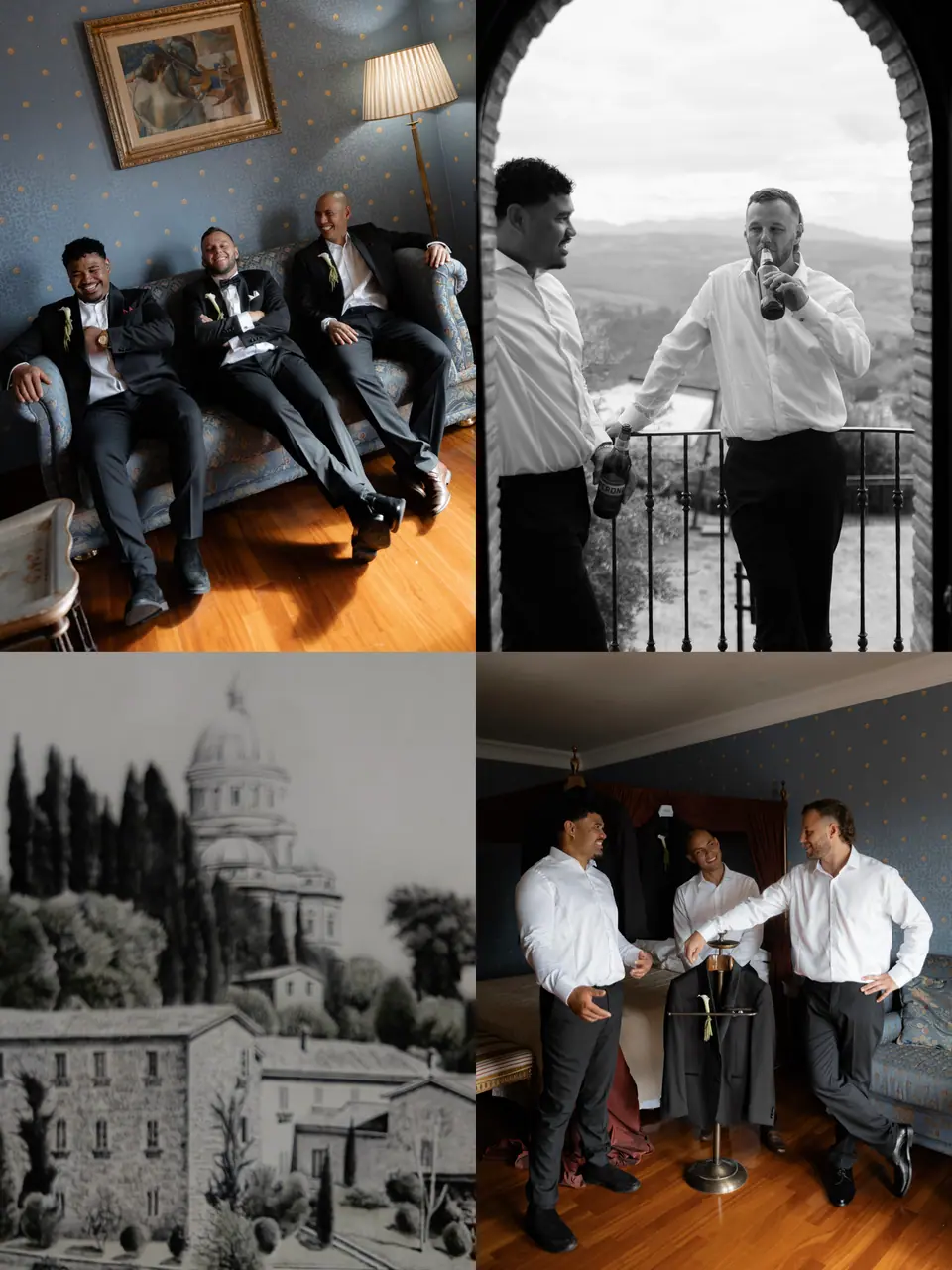Four-photo panel of the groomsmen: the blue sofa, a balcony toast and the monastery drawing