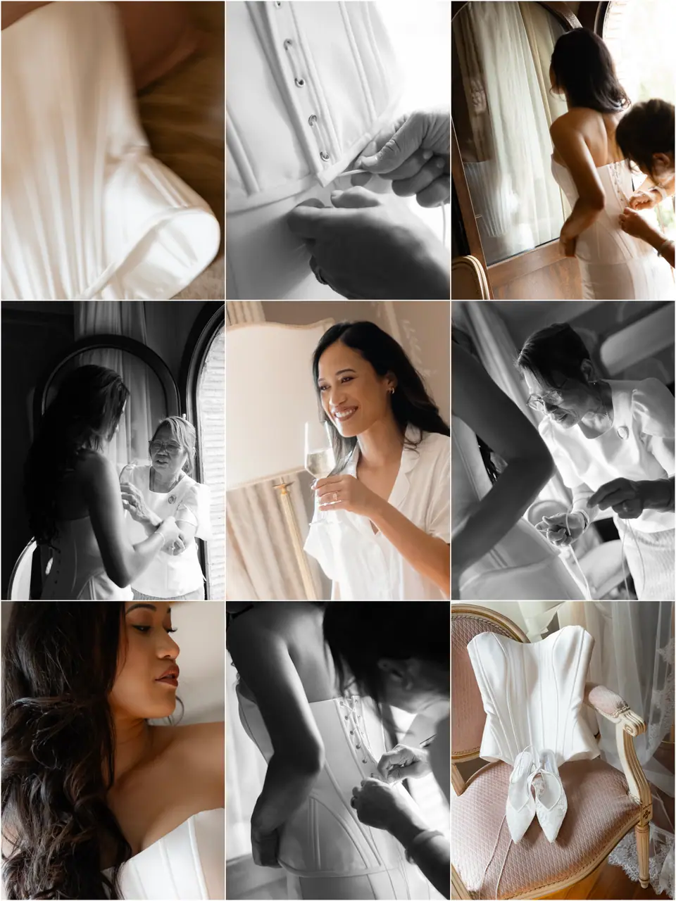 Nine-photo panel of Sivitha’s morning, from her corset and cuffs to champagne and the lacing