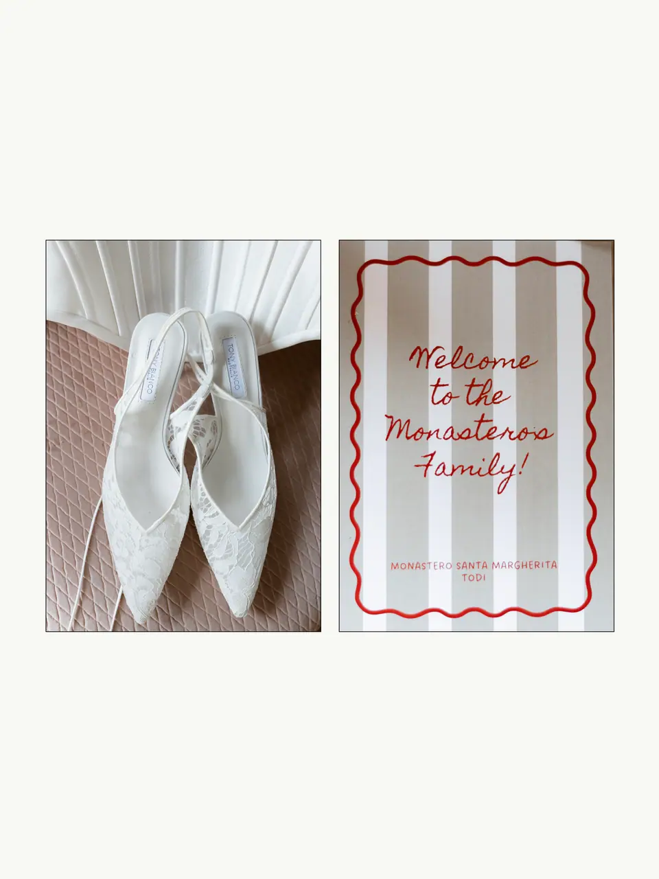Two-photo panel: Sivitha’s lace pumps and a red “Welcome to the Monastero Family!” card