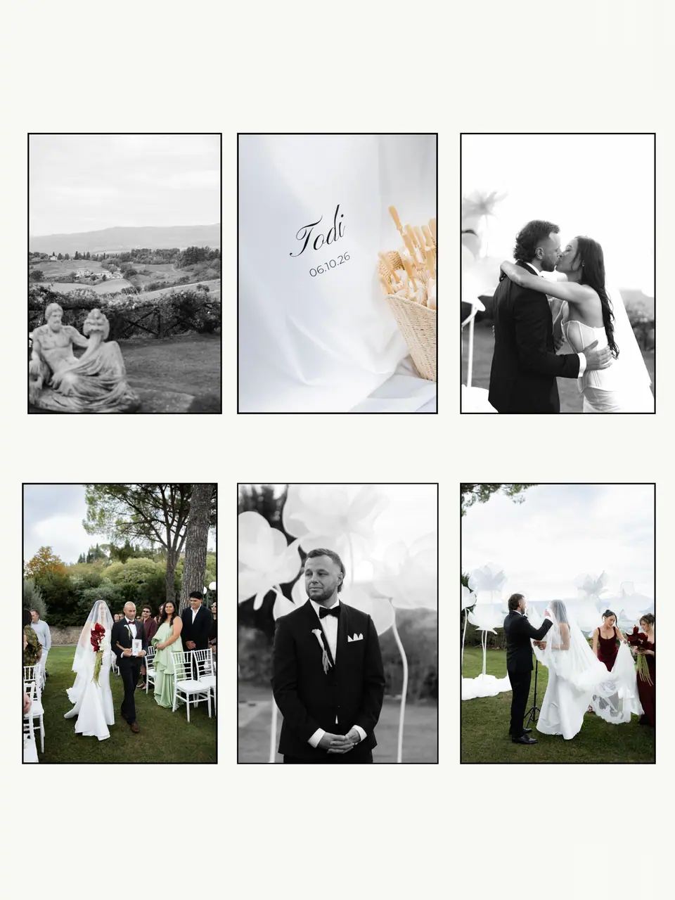 Six-photo panel: the statue, the Todi sign, a kiss, the bridal party, Rory waiting and the walk