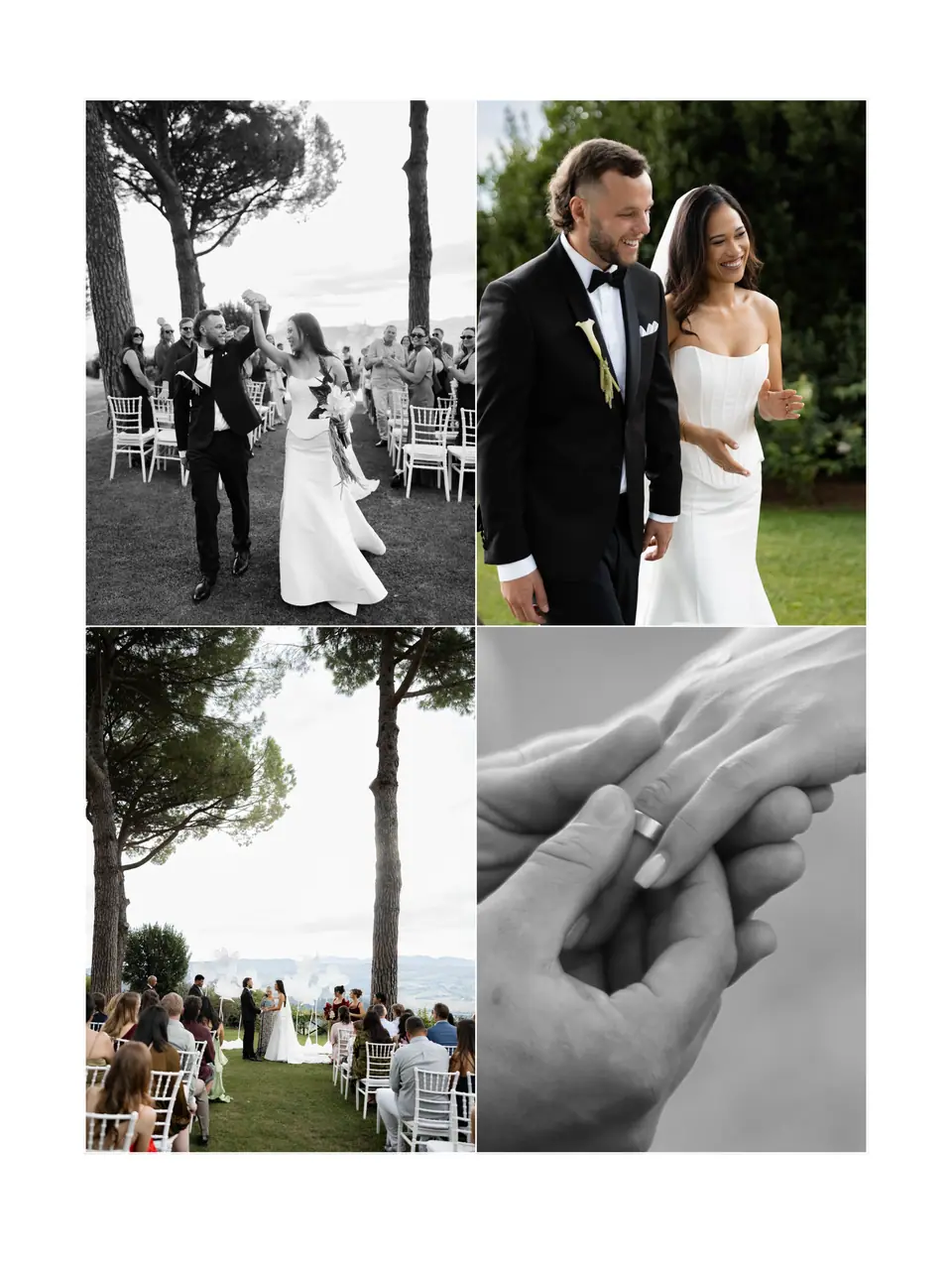 Four-photo panel: the walk back up the aisle, a portrait, the ceremony and their joined hands