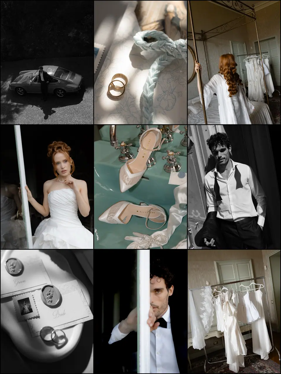 Collage of Roberta and Antoine’s day: the car, rings, bridal portraits, shoes and invitation