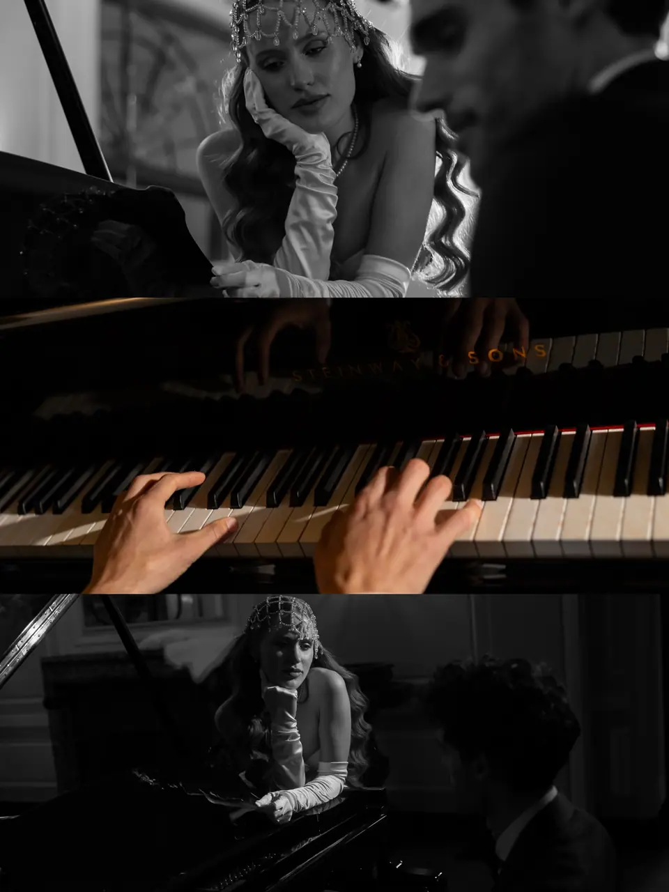 Collage in black and white of Roberta at the piano and Antoine’s hands on the keys