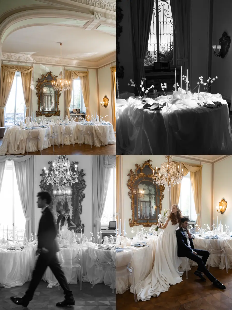 Collage of the villa’s banquet room, with Antoine walking and Roberta in her gown at the table