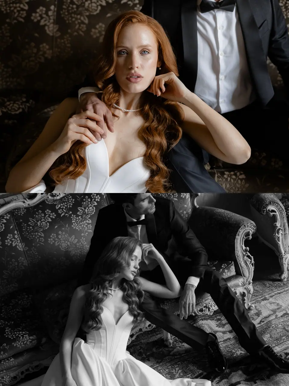 Collage of Roberta in her pearl necklace and Roberta and Antoine on the sofa, in black and white